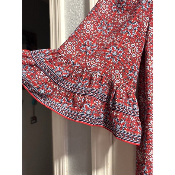 MAX STUDIO Off The Shoulder Top Blouse Womens Large  3/4 Sleeve Red Blue Print - Picture 2 of 5